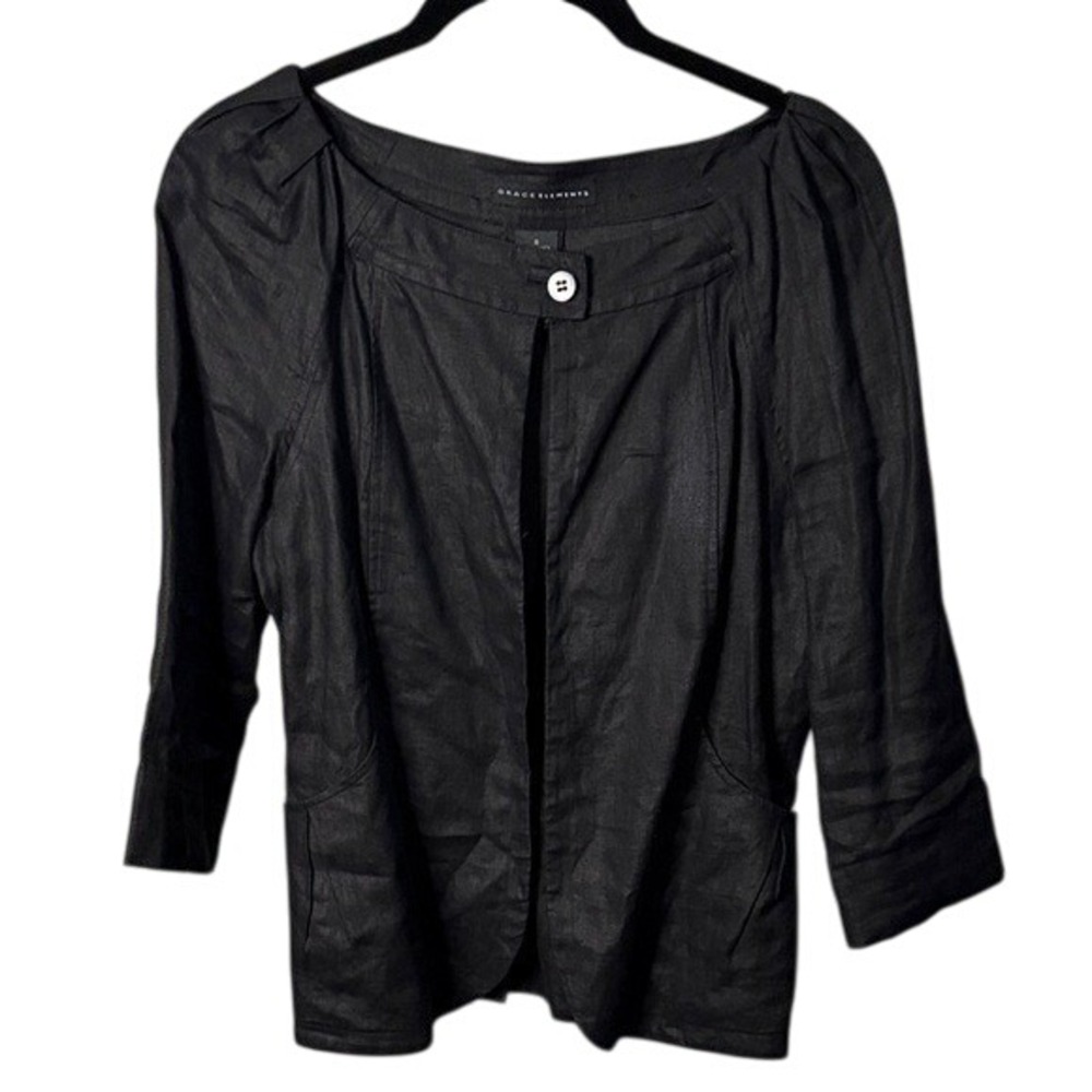 Grace Elements Black Linen Blend Jacket Blazer Career Single Button‎ 8